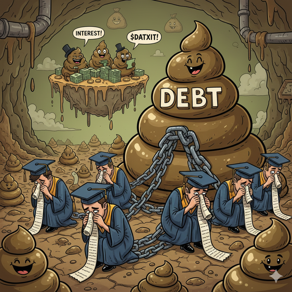 DatXit satirical lore 2025 - Student debt crisis